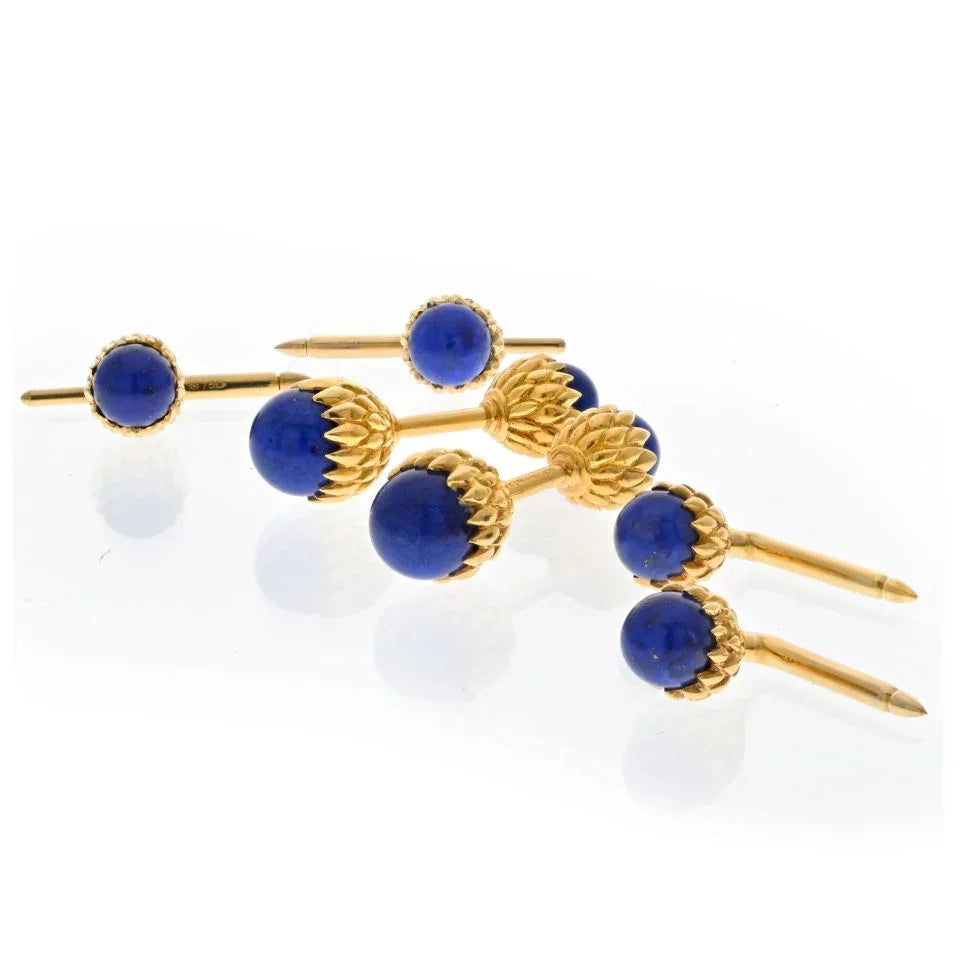 Tiffany & Co. Schlumberger 18K Yellow Gold Schlumberger Acorn Lapis Stud Set Cuff Links - The Back Vault