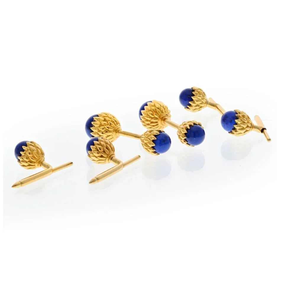 Tiffany & Co. Schlumberger 18K Yellow Gold Schlumberger Acorn Lapis Stud Set Cuff Links - The Back Vault