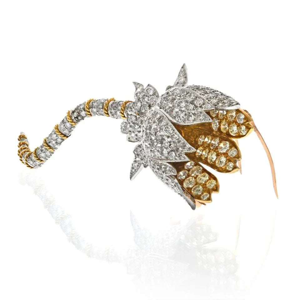 18K Two Tone Diamond Flower On A Stem Brooch - The Back Vault