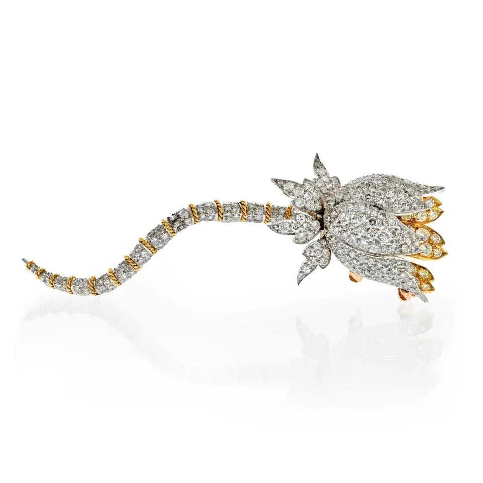 18K Two Tone Diamond Flower On A Stem Brooch - The Back Vault