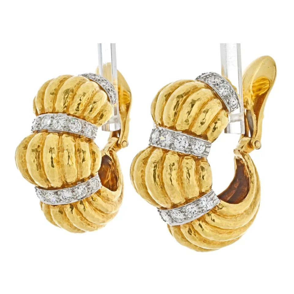 David Webb Platinum & 18K Yellow Gold Articulated Shrimp Tiered Diamond Clip On Earrings - The Back Vault