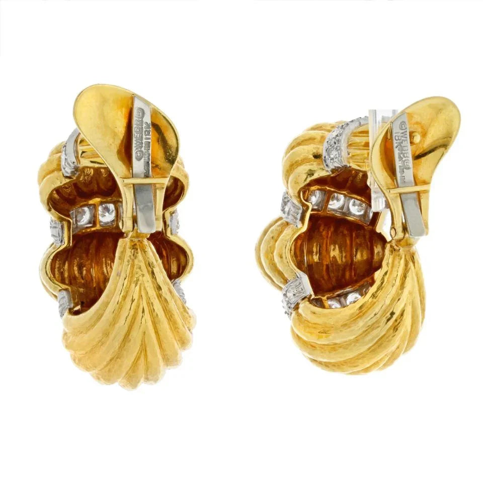 David Webb Platinum & 18K Yellow Gold Articulated Shrimp Tiered Diamond Clip On Earrings - The Back Vault