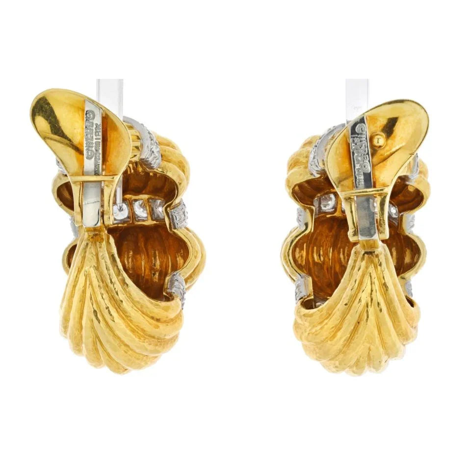 David Webb Platinum & 18K Yellow Gold Articulated Shrimp Tiered Diamond Clip On Earrings - The Back Vault