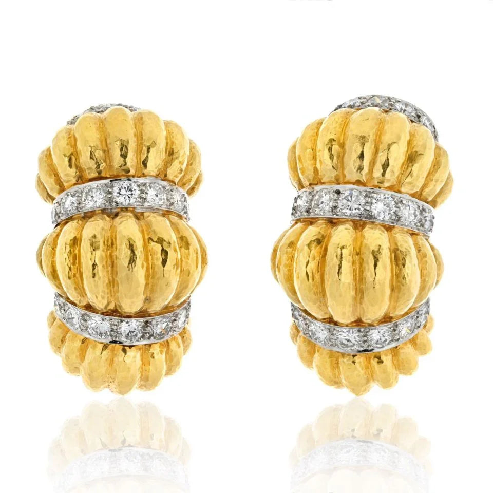 David Webb Platinum & 18K Yellow Gold Articulated Shrimp Tiered Diamond Clip On Earrings - The Back Vault
