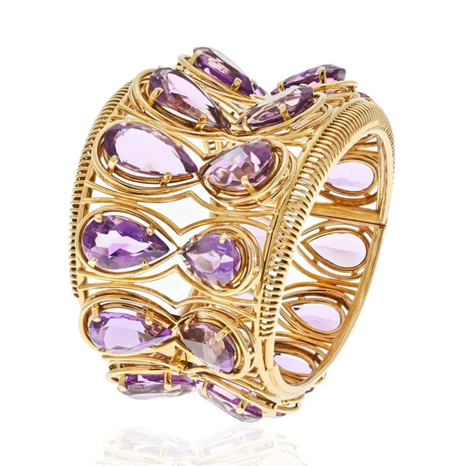 18K Yellow Gold Oversized Amethyst Cuff Bangle Bracelet - The Back Vault