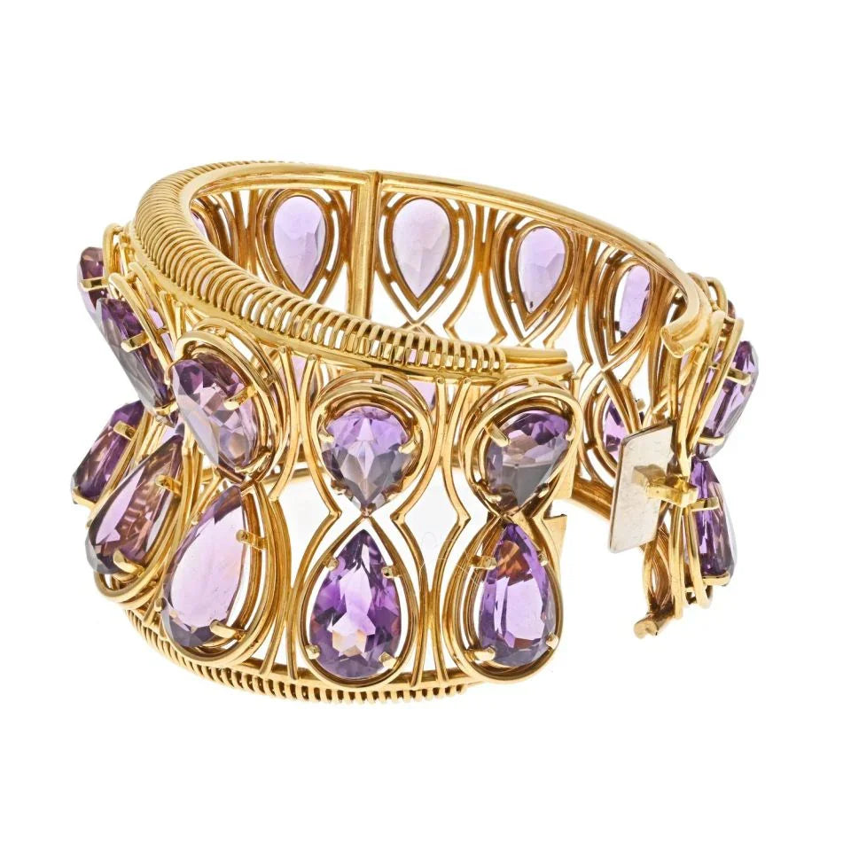 18K Yellow Gold Oversized Amethyst Cuff Bangle Bracelet - The Back Vault
