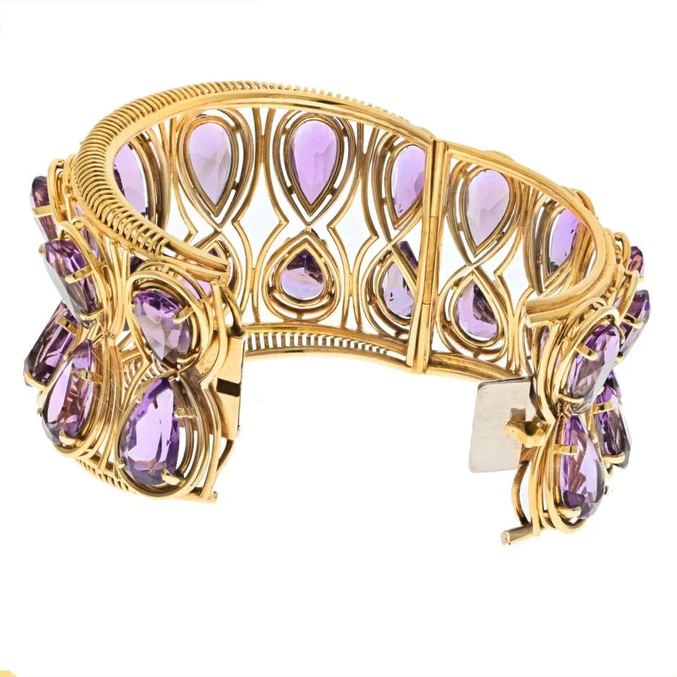 18K Yellow Gold Oversized Amethyst Cuff Bangle Bracelet - The Back Vault