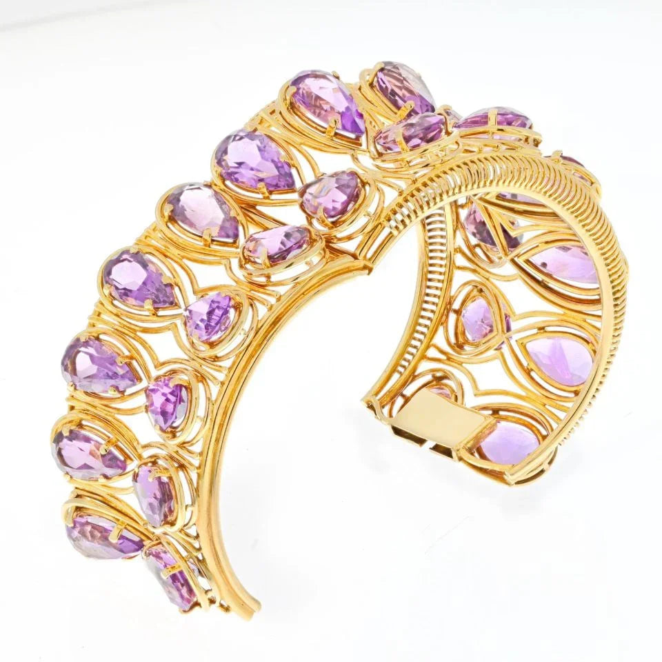 18K Yellow Gold Oversized Amethyst Cuff Bangle Bracelet - The Back Vault