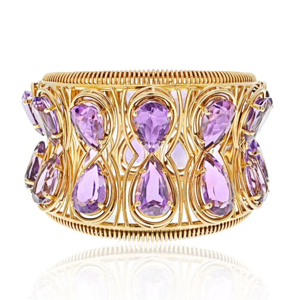 18K Yellow Gold Oversized Amethyst Cuff Bangle Bracelet - The Back Vault