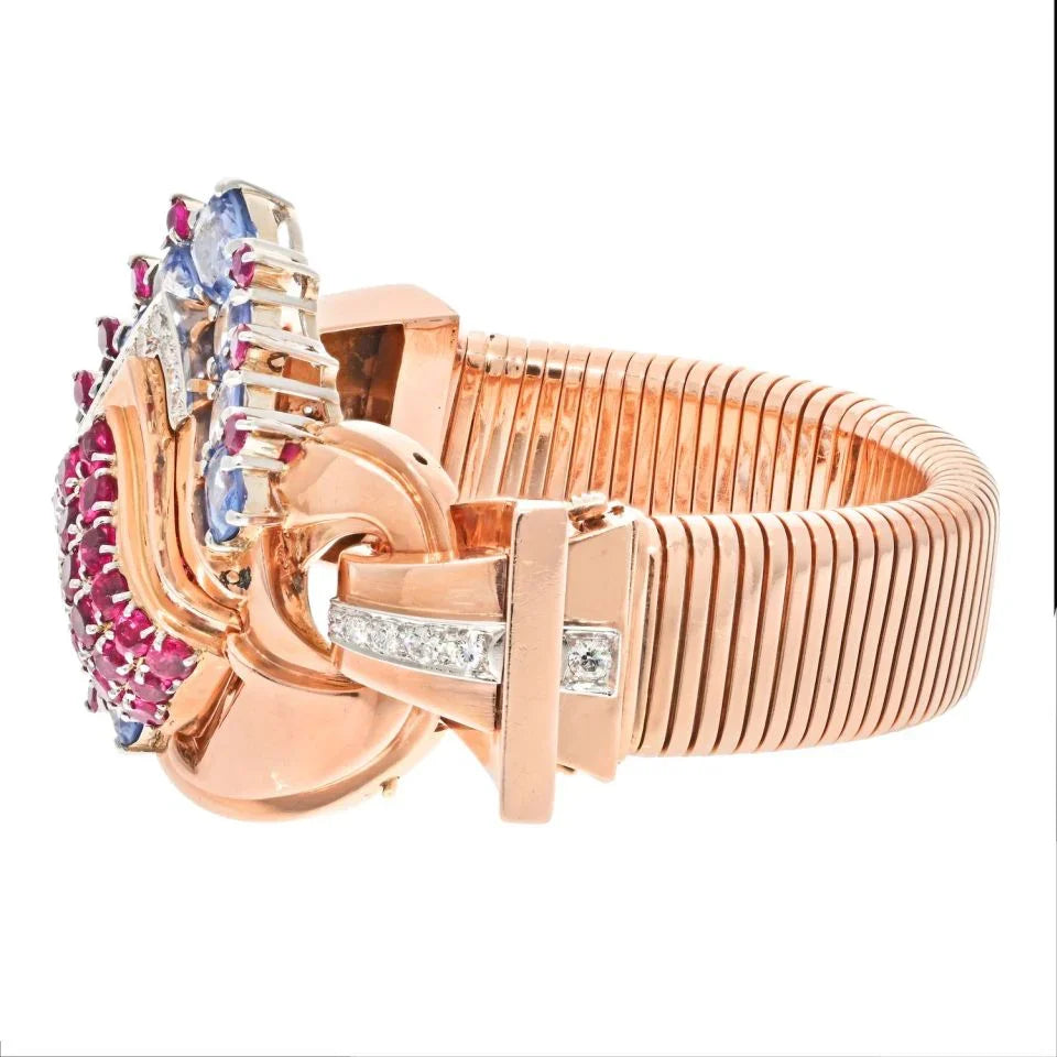 14K Rose Gold Women 1940's Ruby, Diamond, Sapphire Mechanical Hidden Watch Bracelet - The Back Vault