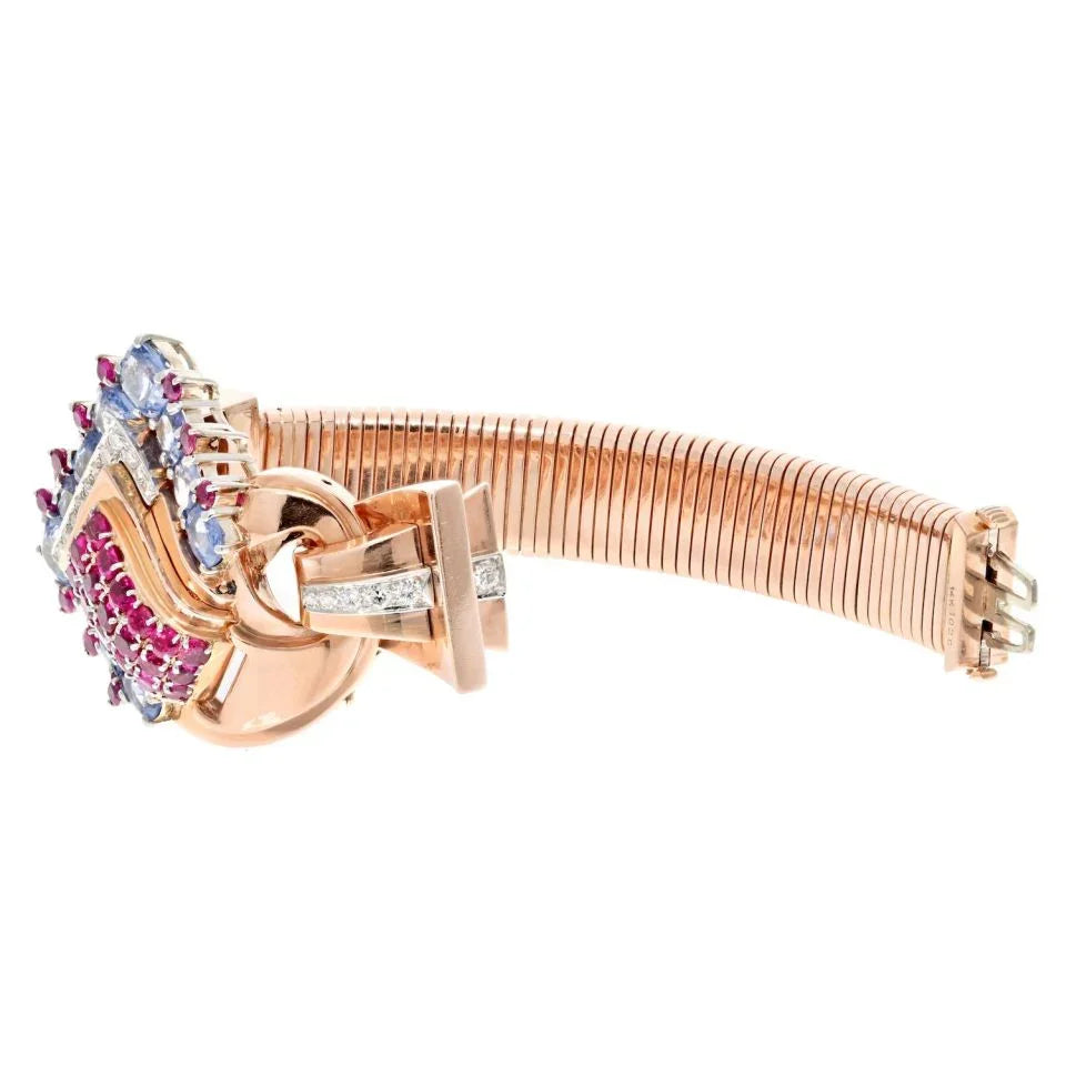 14K Rose Gold Women 1940's Ruby, Diamond, Sapphire Mechanical Hidden Watch Bracelet - The Back Vault
