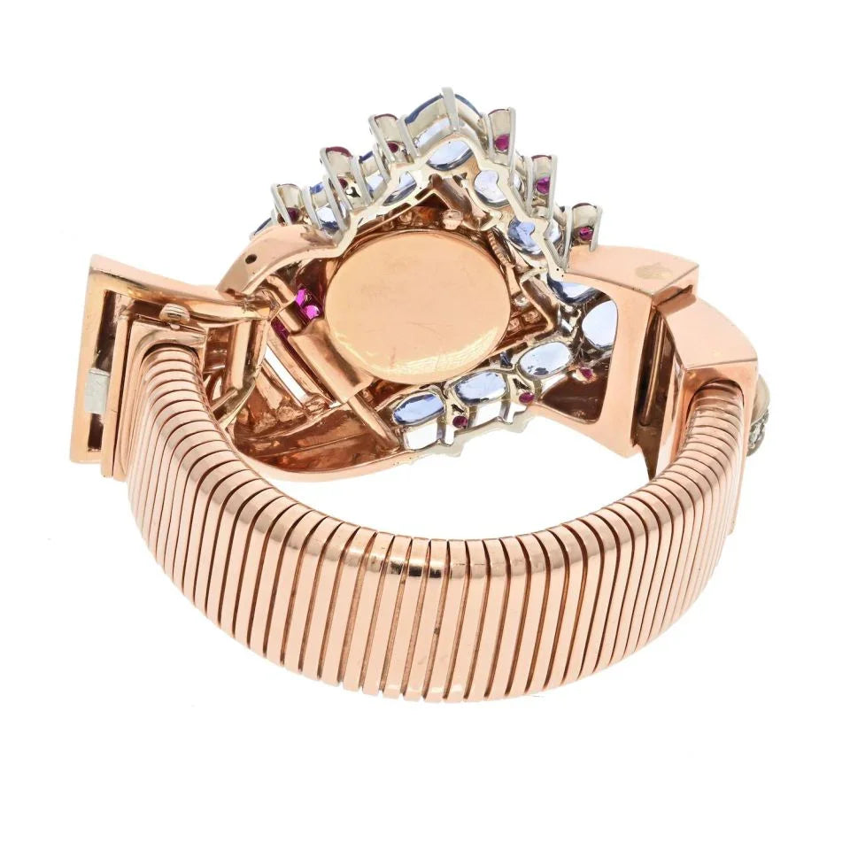 14K Rose Gold Women 1940's Ruby, Diamond, Sapphire Mechanical Hidden Watch Bracelet - The Back Vault