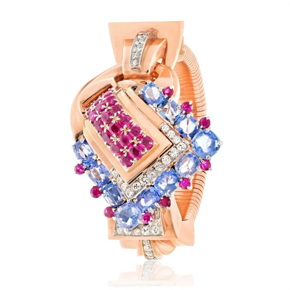 14K Rose Gold Women 1940's Ruby, Diamond, Sapphire Mechanical Hidden Watch Bracelet - The Back Vault