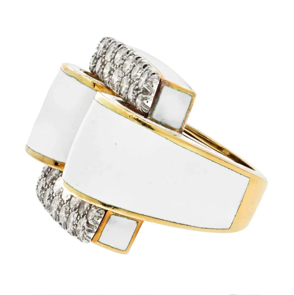 David Webb Platinum & 18K Yellow Gold White Enamel Diamond Tire Ring - The Back Vault