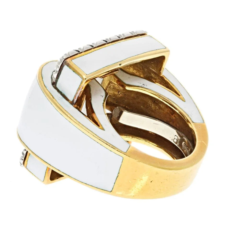 David Webb Platinum & 18K Yellow Gold White Enamel Diamond Tire Ring - The Back Vault
