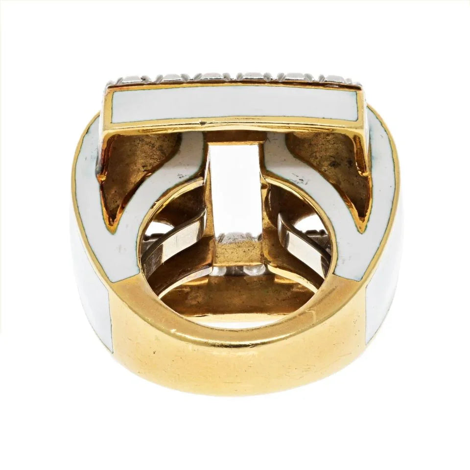 David Webb Platinum & 18K Yellow Gold White Enamel Diamond Tire Ring - The Back Vault