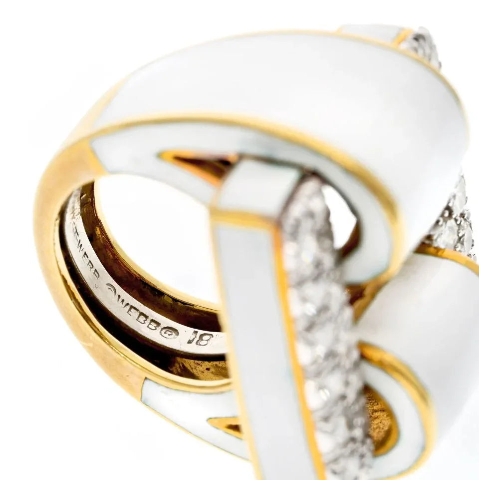 David Webb Platinum & 18K Yellow Gold White Enamel Diamond Tire Ring - The Back Vault