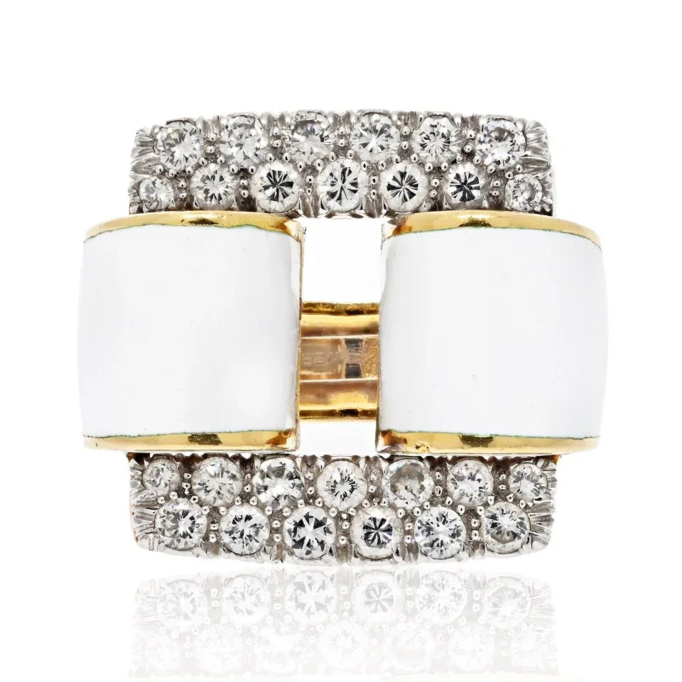 David Webb Platinum & 18K Yellow Gold White Enamel Diamond Tire Ring - The Back Vault