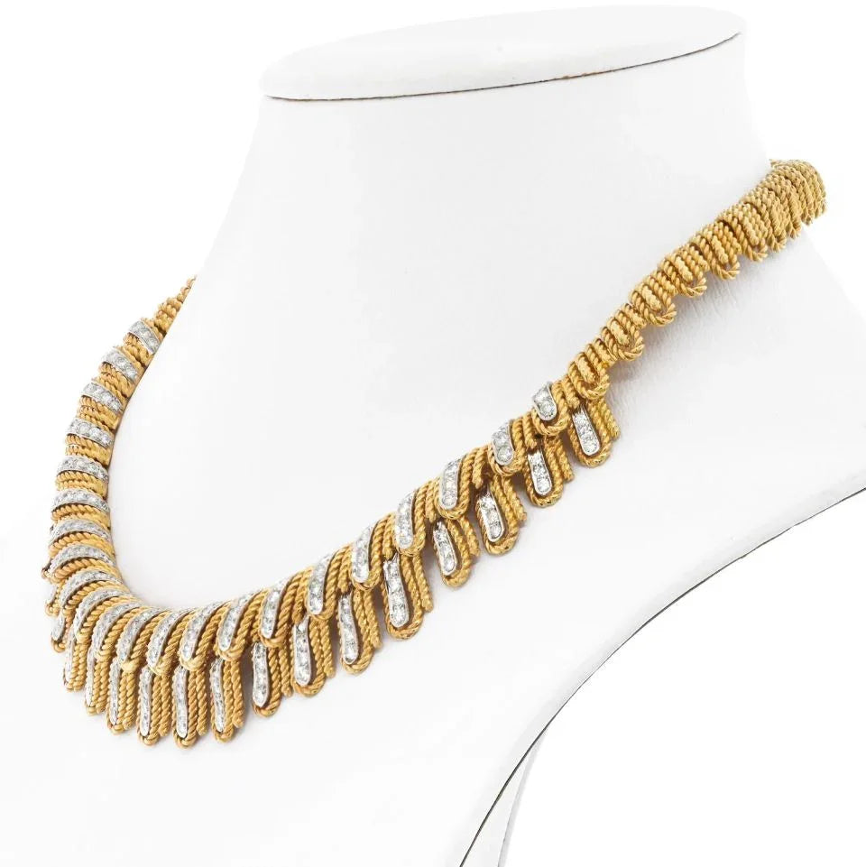 David Webb Platinum & 18K Yellow Gold Diamond Feather Collar Rope Necklace - The Back Vault
