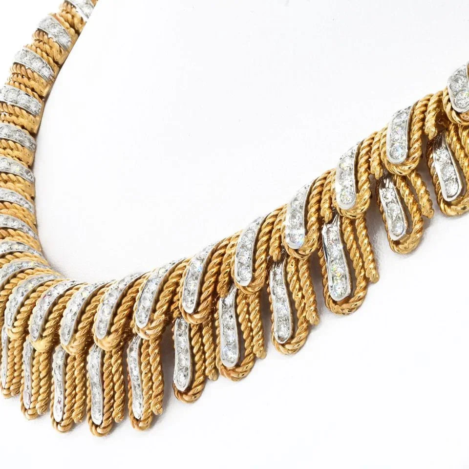 David Webb Platinum & 18K Yellow Gold Diamond Feather Collar Rope Necklace - The Back Vault