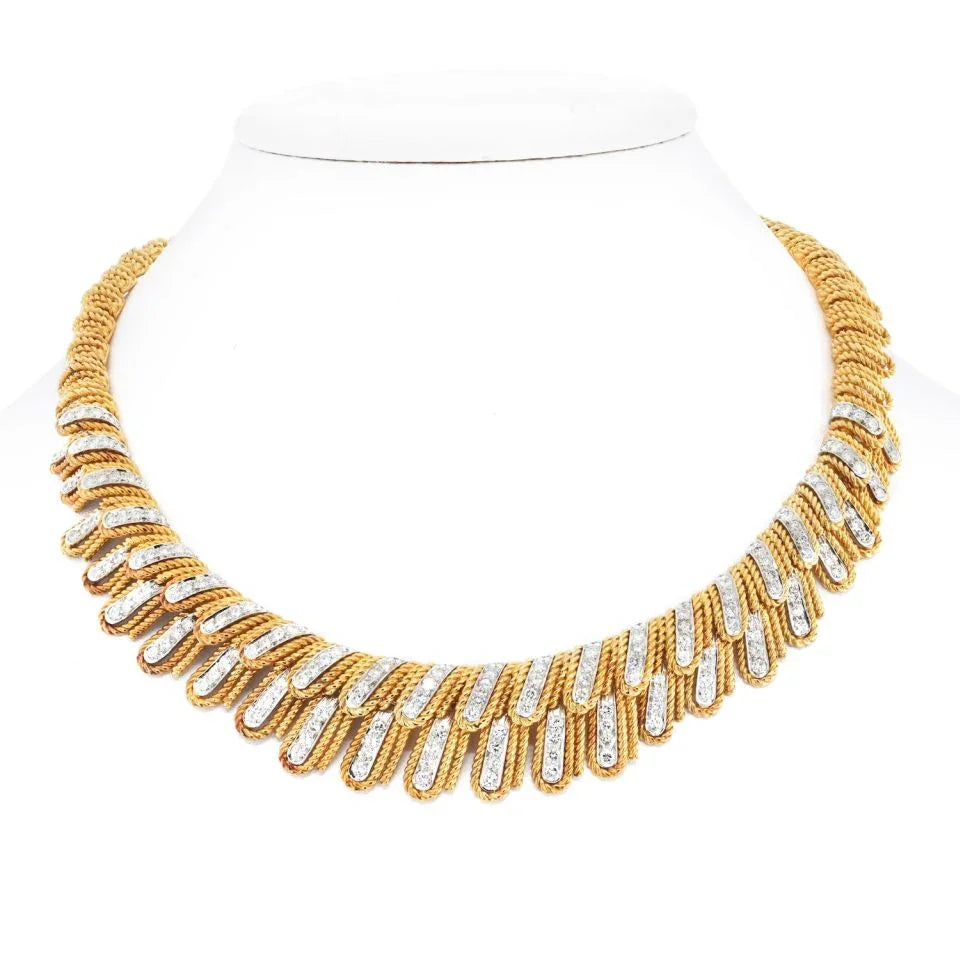 David Webb Platinum & 18K Yellow Gold Diamond Feather Collar Rope Necklace - The Back Vault
