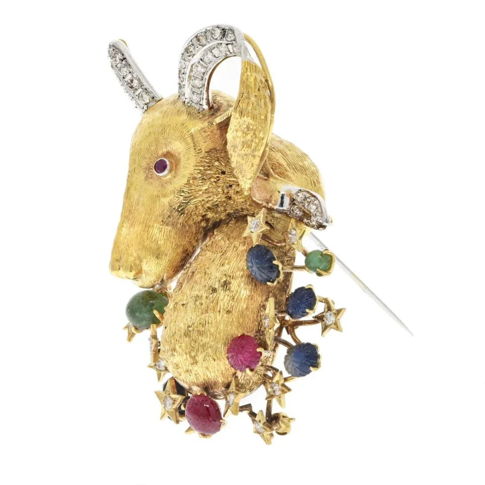 14K Yellow Gold Diamond, Sapphire, Ruby Emeald Goat Brooch - The Back Vault