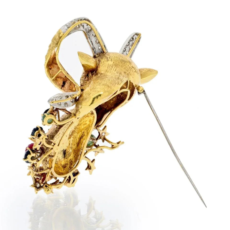 14K Yellow Gold Diamond, Sapphire, Ruby Emeald Goat Brooch - The Back Vault