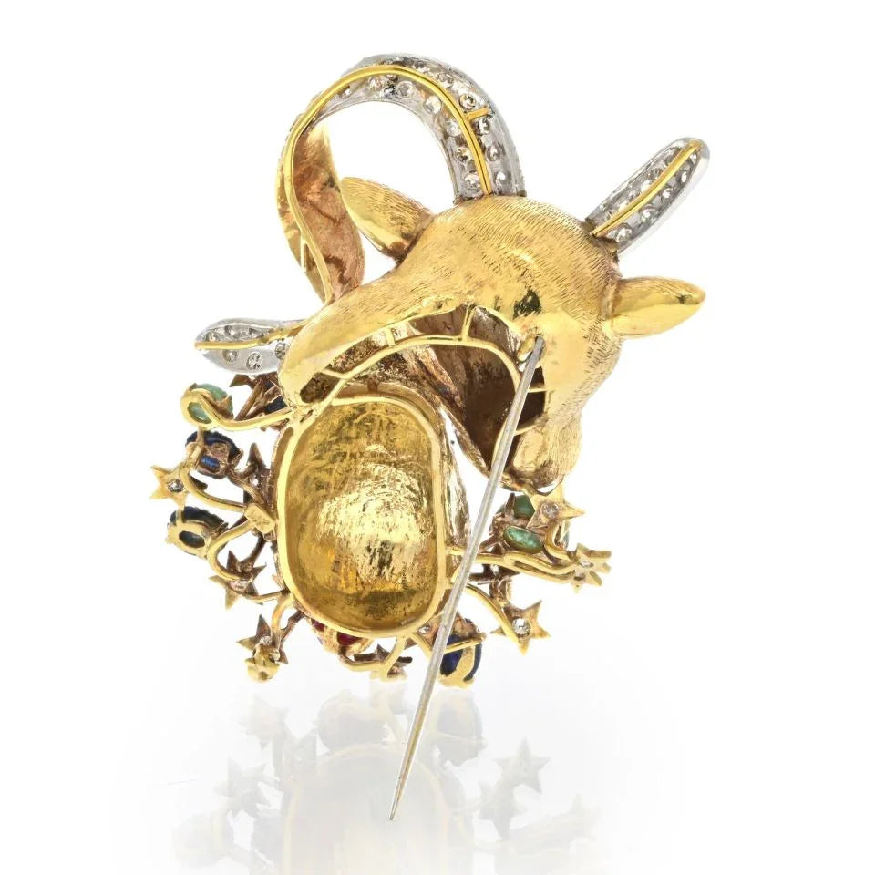14K Yellow Gold Diamond, Sapphire, Ruby Emeald Goat Brooch - The Back Vault