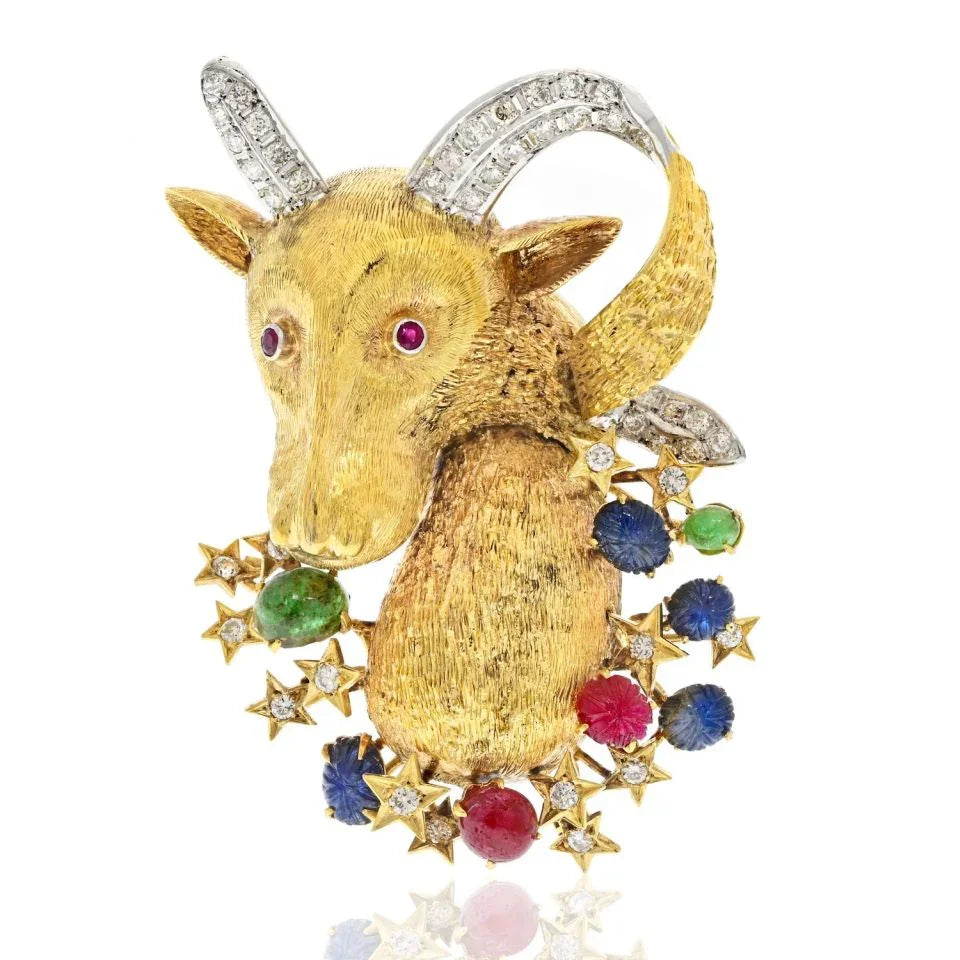 14K Yellow Gold Diamond, Sapphire, Ruby Emeald Goat Brooch - The Back Vault