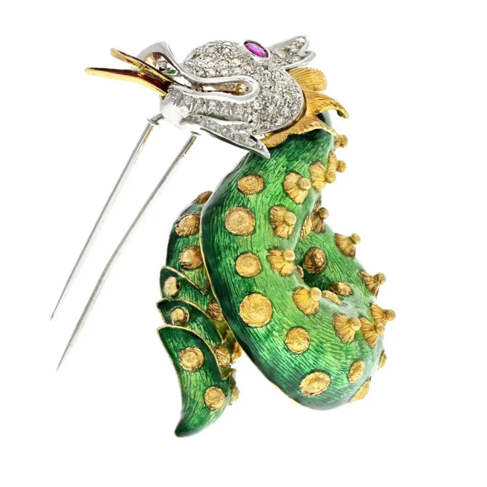 Platinum & 14K Yellow Gold Green Enameled And Diamond Dragon Brooch - The Back Vault