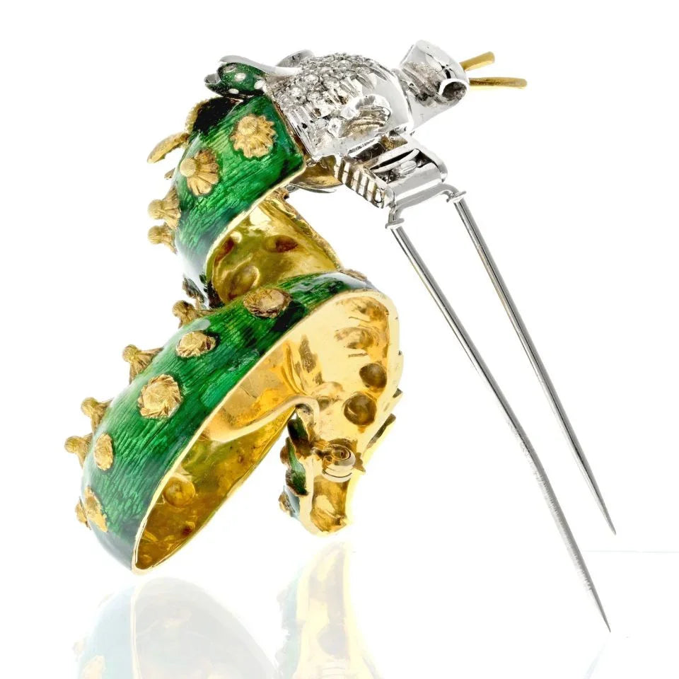 Platinum & 14K Yellow Gold Green Enameled And Diamond Dragon Brooch - The Back Vault