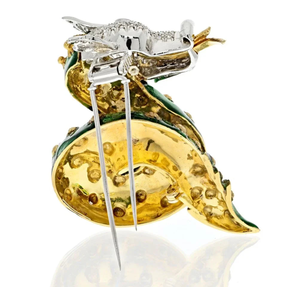 Platinum & 14K Yellow Gold Green Enameled And Diamond Dragon Brooch - The Back Vault