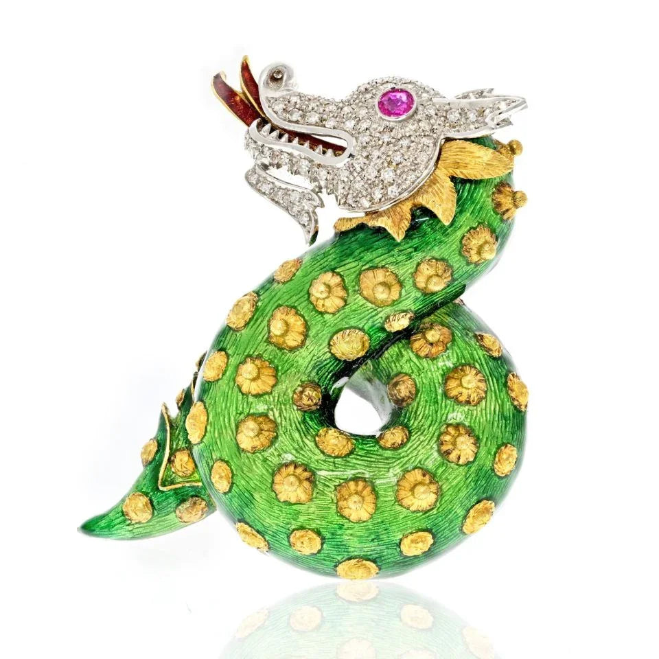 Platinum & 14K Yellow Gold Green Enameled And Diamond Dragon Brooch - The Back Vault