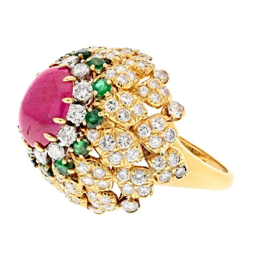 David Webb 18K Yellow Gold 1970's Ruby, Diamond and Emerald Cocktail Ring - The Back Vault