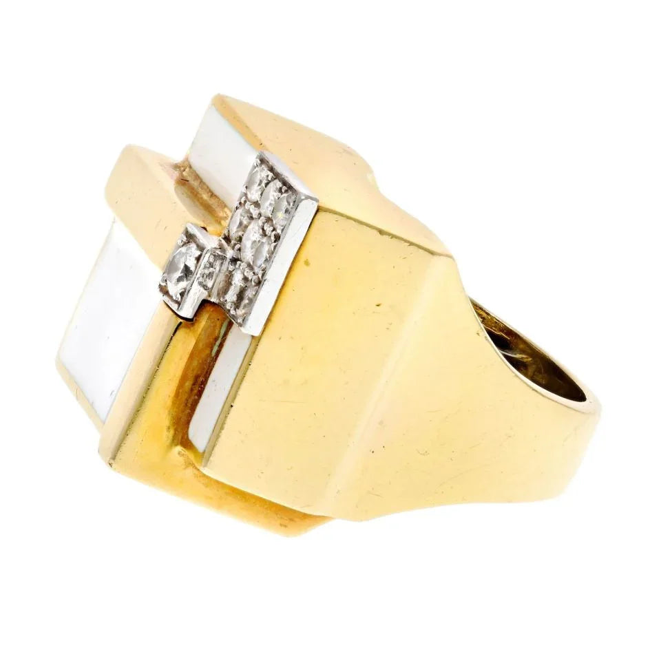 David Webb Platinum & 18K Yellow Gold Geometric White Enamel Diamond Ring - The Back Vault