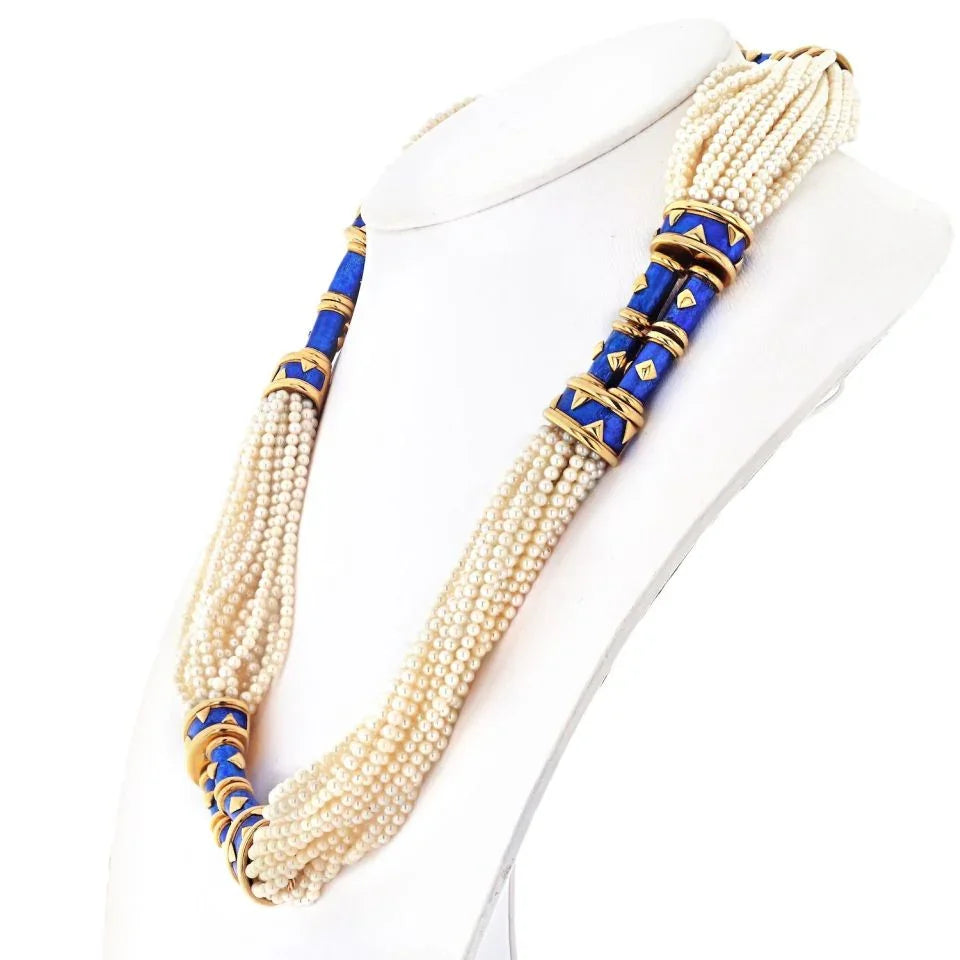 Tiffany & Co. Schlumberger 18K Yellow Gold Blue Enamel Pearl String Necklace - The Back Vault