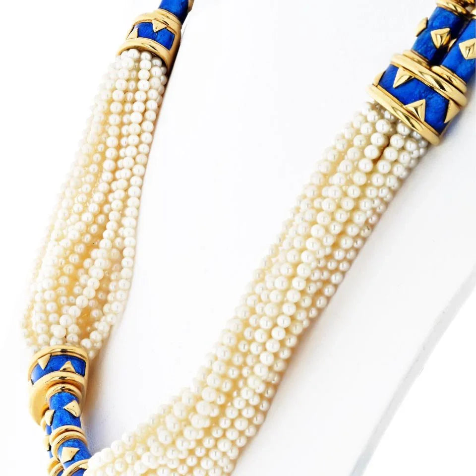 Tiffany & Co. Schlumberger 18K Yellow Gold Blue Enamel Pearl String Necklace - The Back Vault