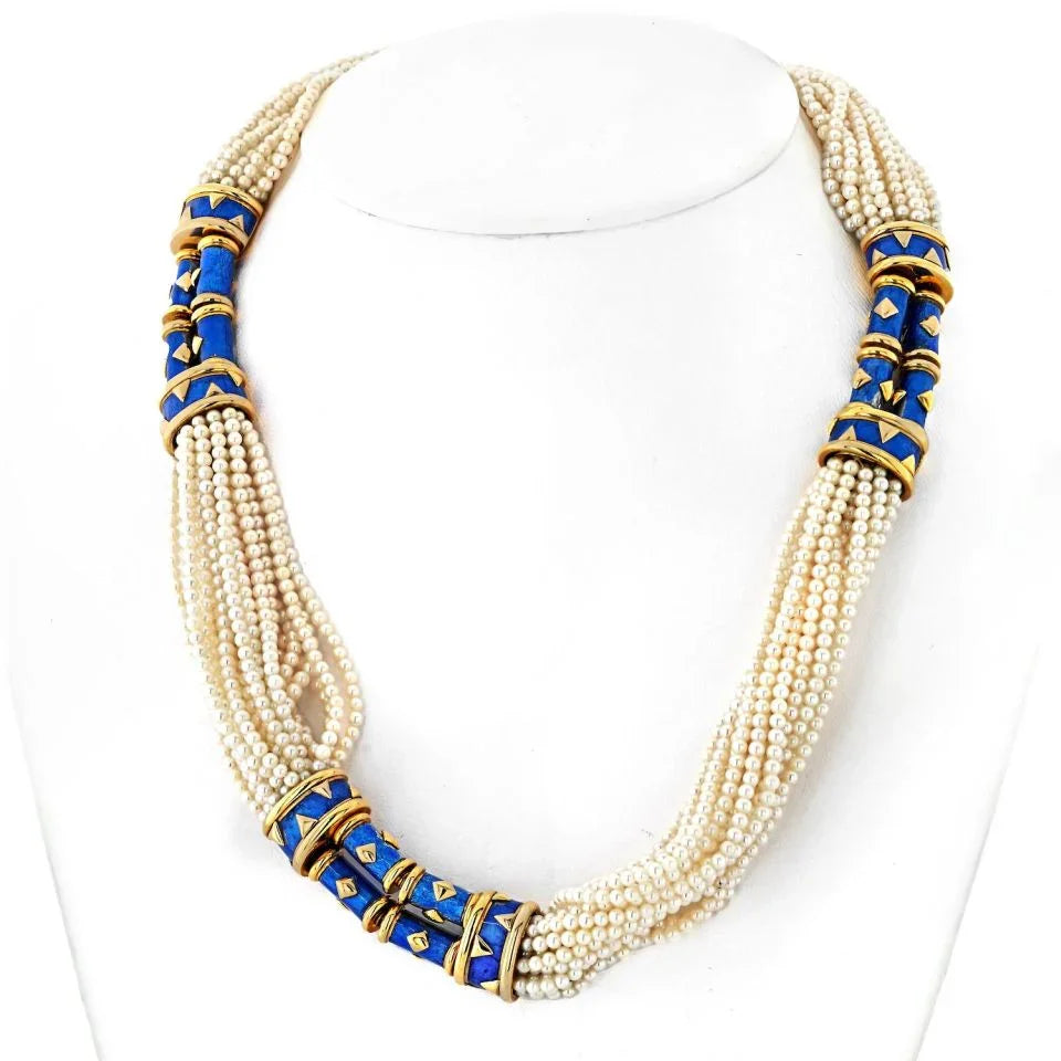 Tiffany & Co. Schlumberger 18K Yellow Gold Blue Enamel Pearl String Necklace - The Back Vault