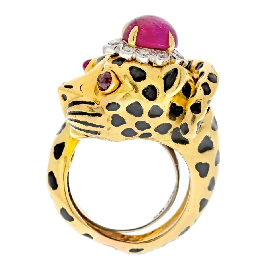 David Webb Platinum & 18K Yellow Gold Leopard Cabochon Ruby Ring - The Back Vault