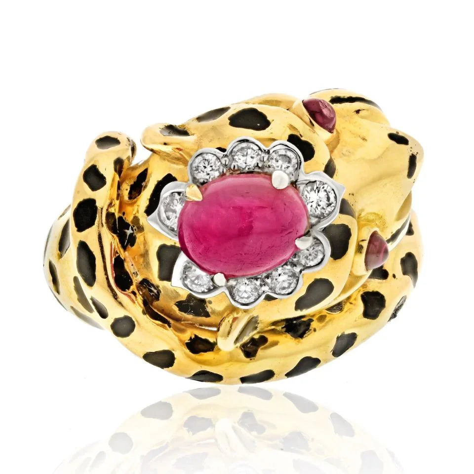 David Webb Platinum & 18K Yellow Gold Leopard Cabochon Ruby Ring - The Back Vault
