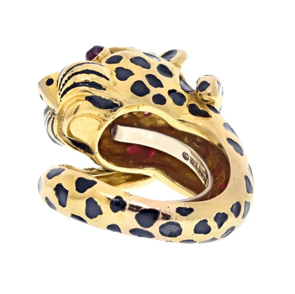 David Webb Platinum & 18K Yellow Gold Leopard Cabochon Ruby Ring - The Back Vault