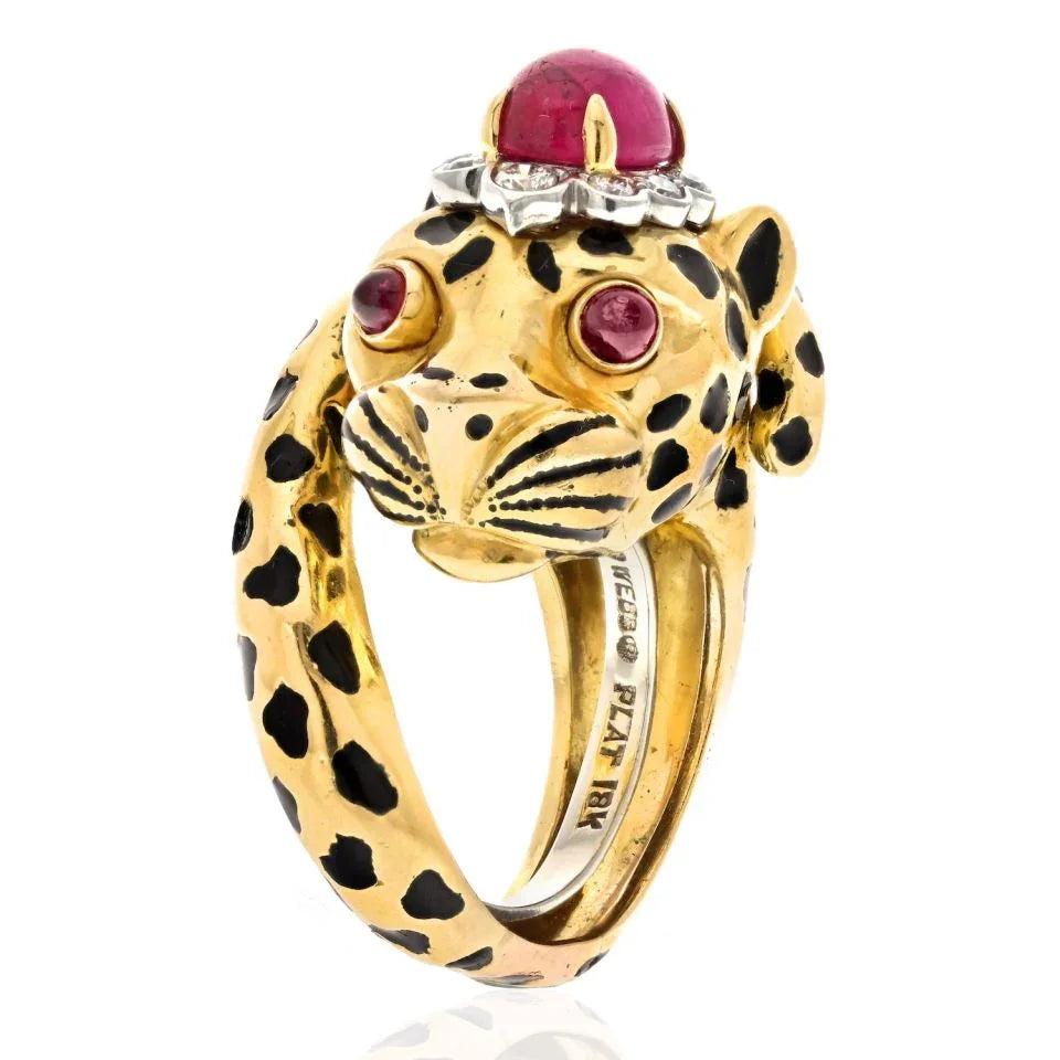 David Webb Platinum & 18K Yellow Gold Leopard Cabochon Ruby Ring - The Back Vault