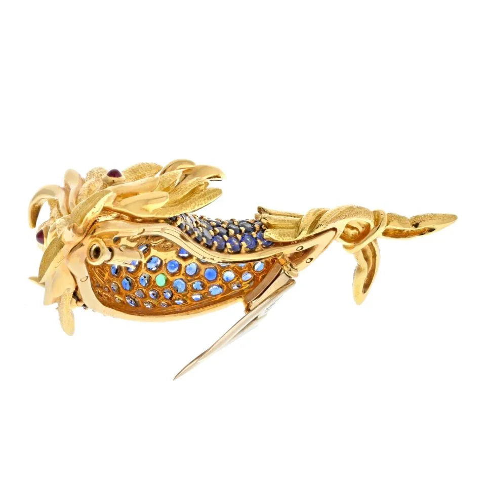 Tiffany & Co. Platinum & 18K Yellow Gold Schlumberger Sapphire Koi Fish Brooch - The Back Vault