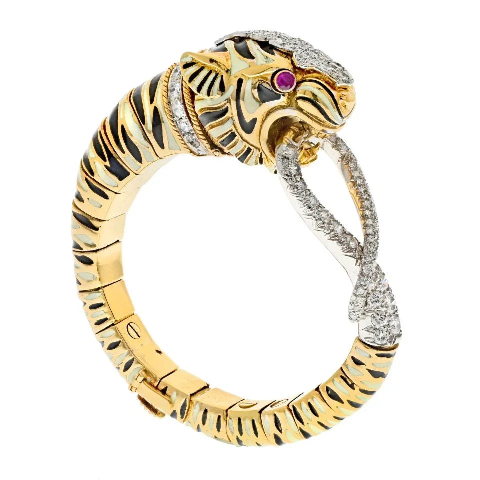 David Webb Platinum & 18K Yellow Gold White And Balck Enamel Tiger Diamond Bracelet - The Back Vault