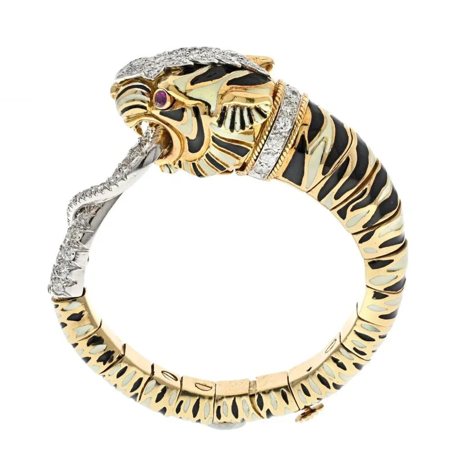 David Webb Platinum & 18K Yellow Gold White And Balck Enamel Tiger Diamond Bracelet - The Back Vault
