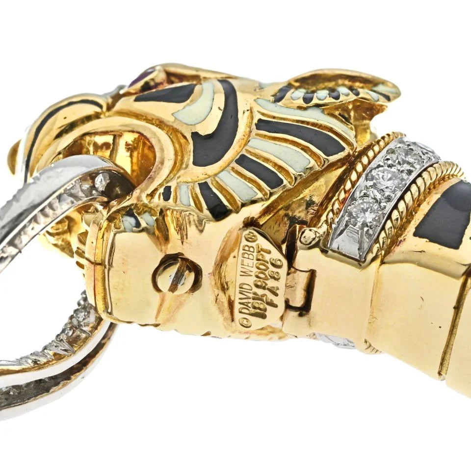 David Webb Platinum & 18K Yellow Gold White And Balck Enamel Tiger Diamond Bracelet - The Back Vault