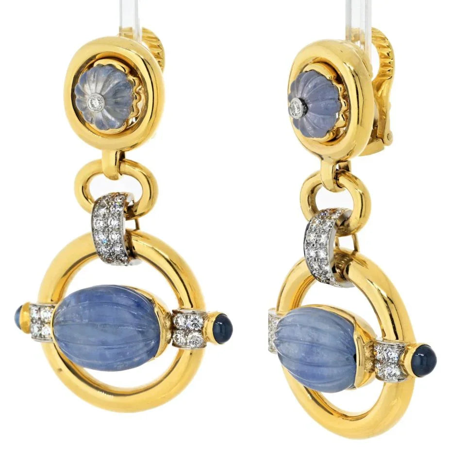David Webb Platinum & 18K Yellow Gold Orbit Carved Sapphire Diamond Drop Dangling Earrings - The Back Vault
