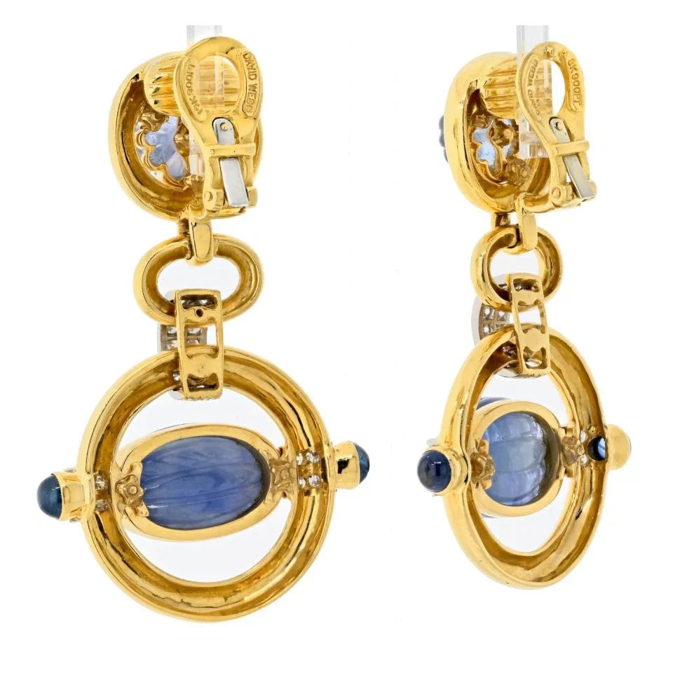 David Webb Platinum & 18K Yellow Gold Orbit Carved Sapphire Diamond Drop Dangling Earrings - The Back Vault