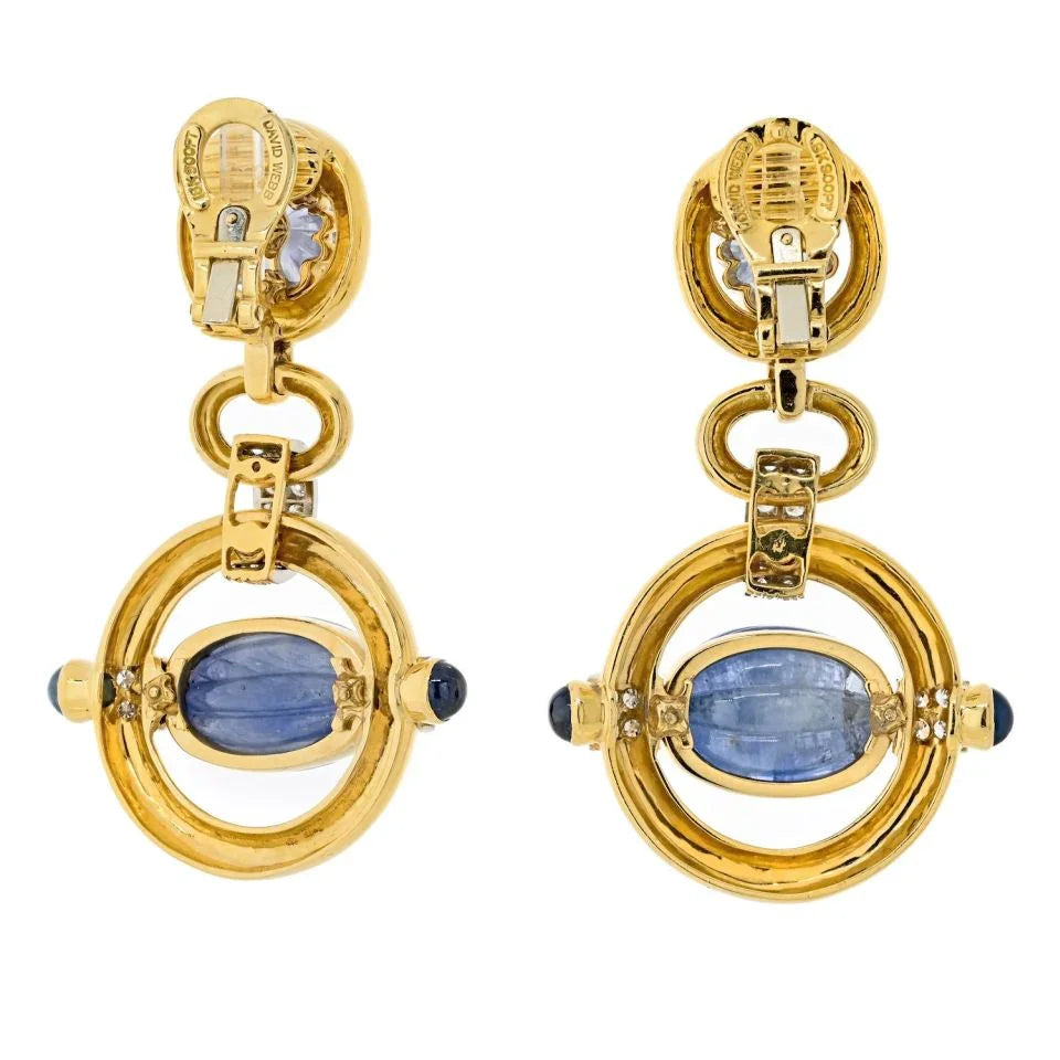 David Webb Platinum & 18K Yellow Gold Orbit Carved Sapphire Diamond Drop Dangling Earrings - The Back Vault