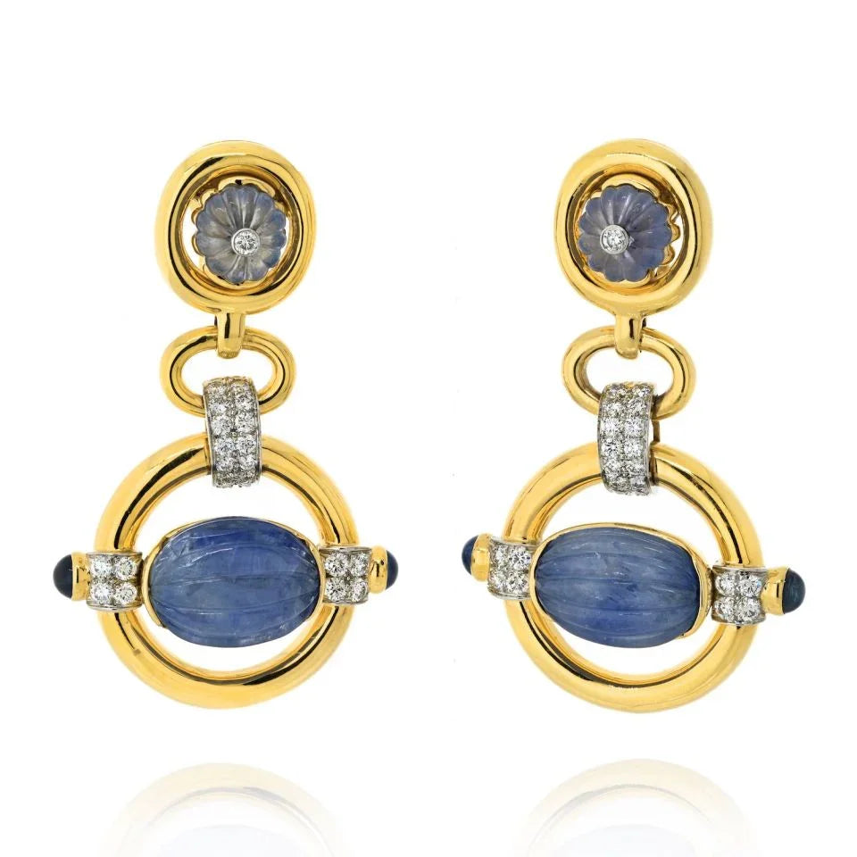David Webb Platinum & 18K Yellow Gold Orbit Carved Sapphire Diamond Drop Dangling Earrings - The Back Vault